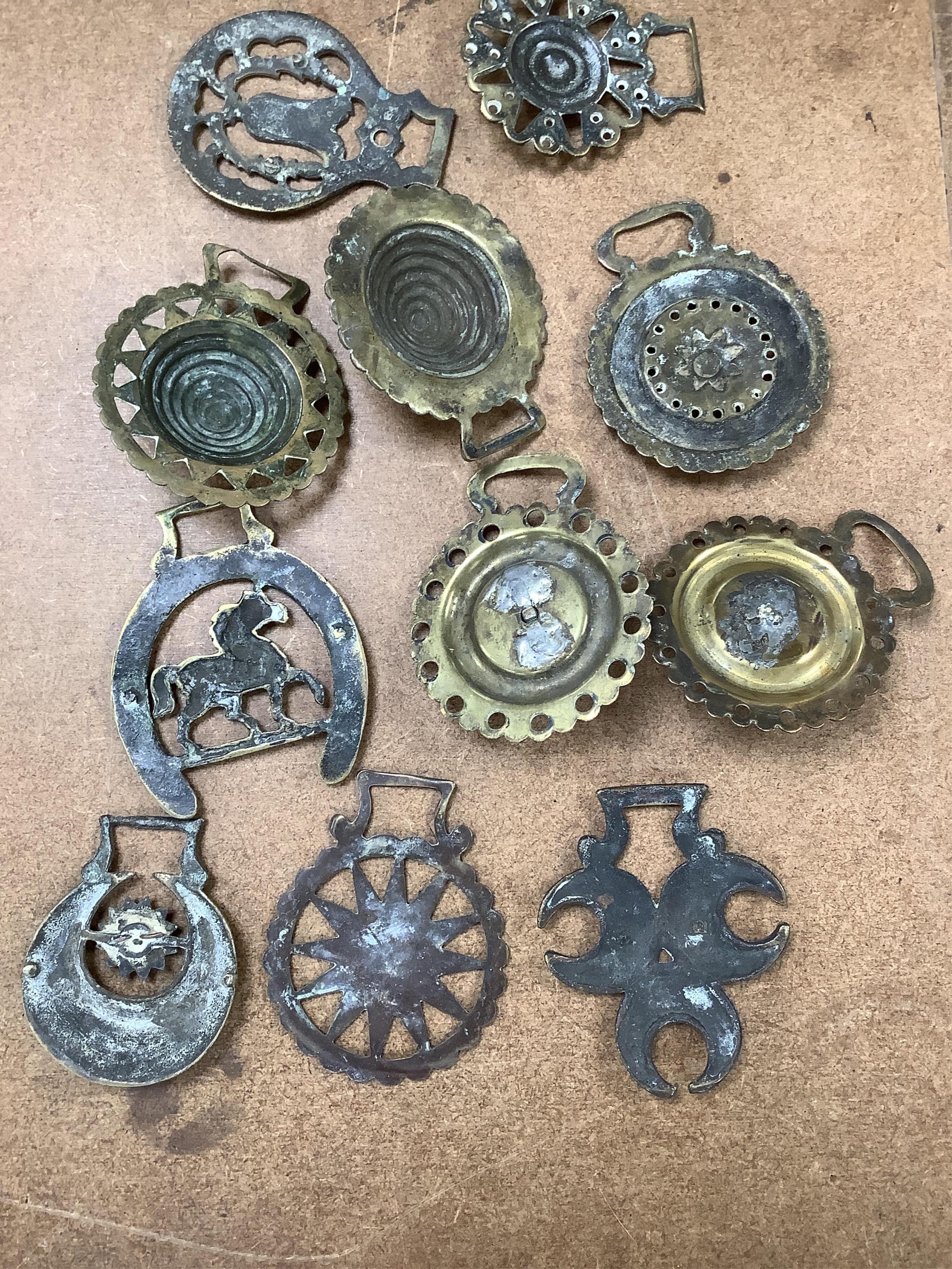A collection of various horse brasses